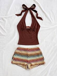 Soleia Bộ đồ đi nghỉ mát 2 món dành cho nữ: Áo croptop buộc dây cổ màu nâu dệt kim và quần short cạp cao kẻ sọc nhiều màu sắc kiểu vintage, trang phục thường ngày cho bãi biển, du thuyền, du lịch đường bộ, lễ hội âm nhạc, tiệc tùng, phong cách Boho, Hippie, phương Tây, có thể mặc trong nhà hoặc ngoài trời, phù hợp cho mọi mùa, đi làm hàng ngày. - Nhiều màu - Xem 5