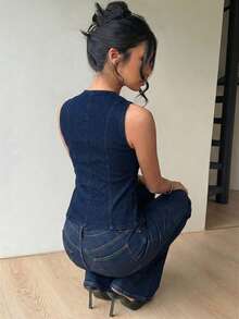 Aloruh Women's Fashion Casual Button Denim Vest Top - Blue - View 3
