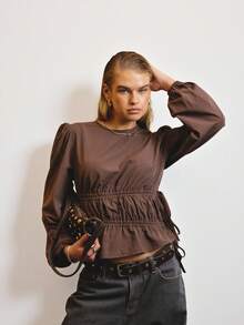 SHEIN Aralina-E Textured Lightweight Woven Fabric Elastic Waist Puff Sleeve Relaxed Fit Everyday Casual Top - Coffee Brown - View 7