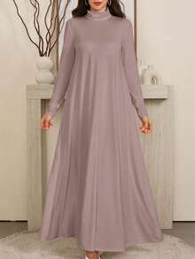 Al Najma 女士保守黑白高领针织长袖打底衫及阿巴雅长袍套装，端庄休闲T恤阿拉伯连衣裙，阿巴雅内衬连衣裙，必备基础款长裙 - 卡其色 - 查看 6