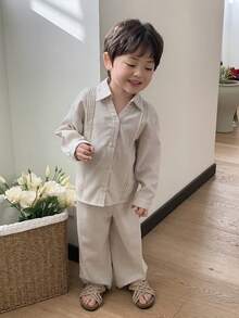 DAZY 2pcs Toddler Boys' Collared Long Sleeve Shirt And Casual Long Pants Set - Apricot - View 4