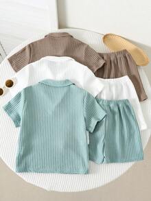 SHEIN 6pcs/Set Young Boys' Casual School Style Comfortable & Fashionable Textured Fabric Short Sleeve Shirt And Shorts Set, Versatile For Daily Wear, Sports, Outings, School, Parties, Holidays, Photoshoots, Suitable For Spring/Summer - Multicolor - View 5