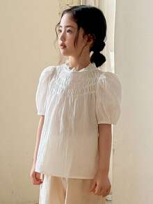 DAZY Young Girls Lace Patchwork Loose Puff Sleeve Blouse, Korean Style - White - View 3