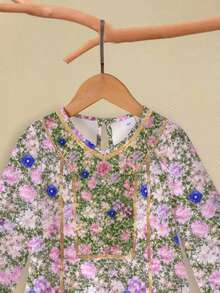 [1 Piece]4-7 Year Old Girl Lavender Middle Eastern Forest Style Floral Pattern Gold Border Long Sleeved Dress For Autumn,Family Matching,Wedding Guest - Multicolor - View 3