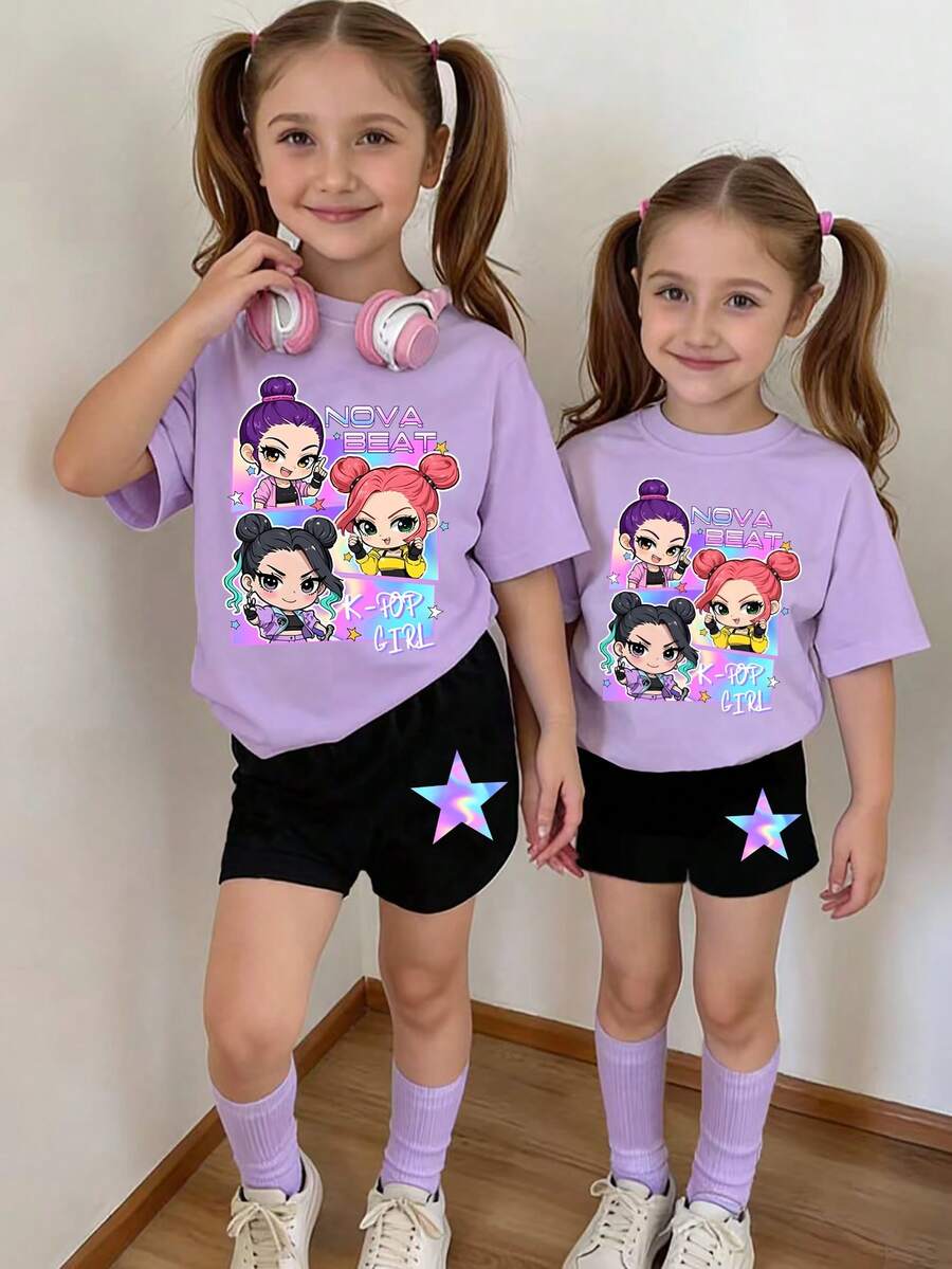 Bộ 2 món thời trang cho bé gái, in hình ngôi sao và chữ cái nhóm nhạc K-Pop, cổ tròn, tay ngắn và quần short, thích hợp cho các hoạt động ngoài trời mùa hè. - Nhiều màu - Xem 1