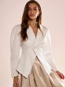 Avenya Balloon Sleeve Lapel Hem Slit Blazer - White - View 4