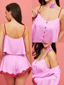 LUVLETTE Women Sexy Silky Satin Luxurious Lace Trim Pink V-Neck Camisole Top & Shorts Airy Loungewear Pajama Set Lingerie Valentine's Day Gifts