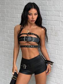 Jeanoix Y2K Women's Coated Keyhole Buckle Design Skinny Sexy Shorts - Black - View 6