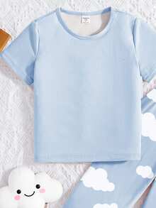 男婴云朵印花短袖上衣和裤子睡衣套装，休闲时尚，春秋季 - 藍色 - 查看 6