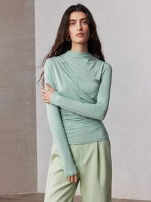 ZEYLAH Camiseta interior de manga larga con malla fruncida ajustada para mujer, primavera - Verde - Ver 4