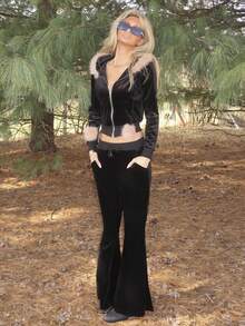 Sydney Algeri 2 件套女士天鹅绒拼布蓬松连帽拉链上衣和抽绳喇叭裤套装 - 黑色 - 查看 4