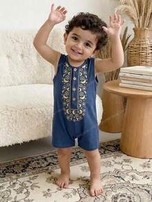 Vacation Style Baby Boy Romper Navy Blue Geometric Moon And Star Print Sleeveless Round Neck Short Design - Navy Blue - View 6