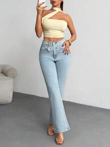SHEIN Cottnline Stretch Comfy High Waist 98% Cotton Slanted Waistband Denim Jean Jeans Wide Leg Y2k Jeans Jeans Summer Jeans Low Rise - Light Wash - View 3