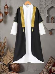 Vacaura 两件套男童传统中东半开襟立领衬衫套装，含黑色外套，金色丝带装饰，优雅时尚 - 黑與白 - 查看 9