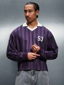 PLAYBOY X SUMWON Boxy Fit Football Long Sleeve Striped T-Shirt With Bunny Logo Print Back Design Casual Crew Neck Top - Purple - View 2