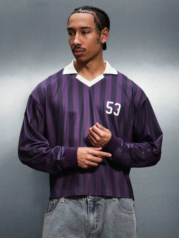 PLAYBOY X SUMWON Boxy Fit Fußball Langarm gestreiftes T-Shirt mit Hase Logo Rückseite Design, lässiges Rundhals Oberteil