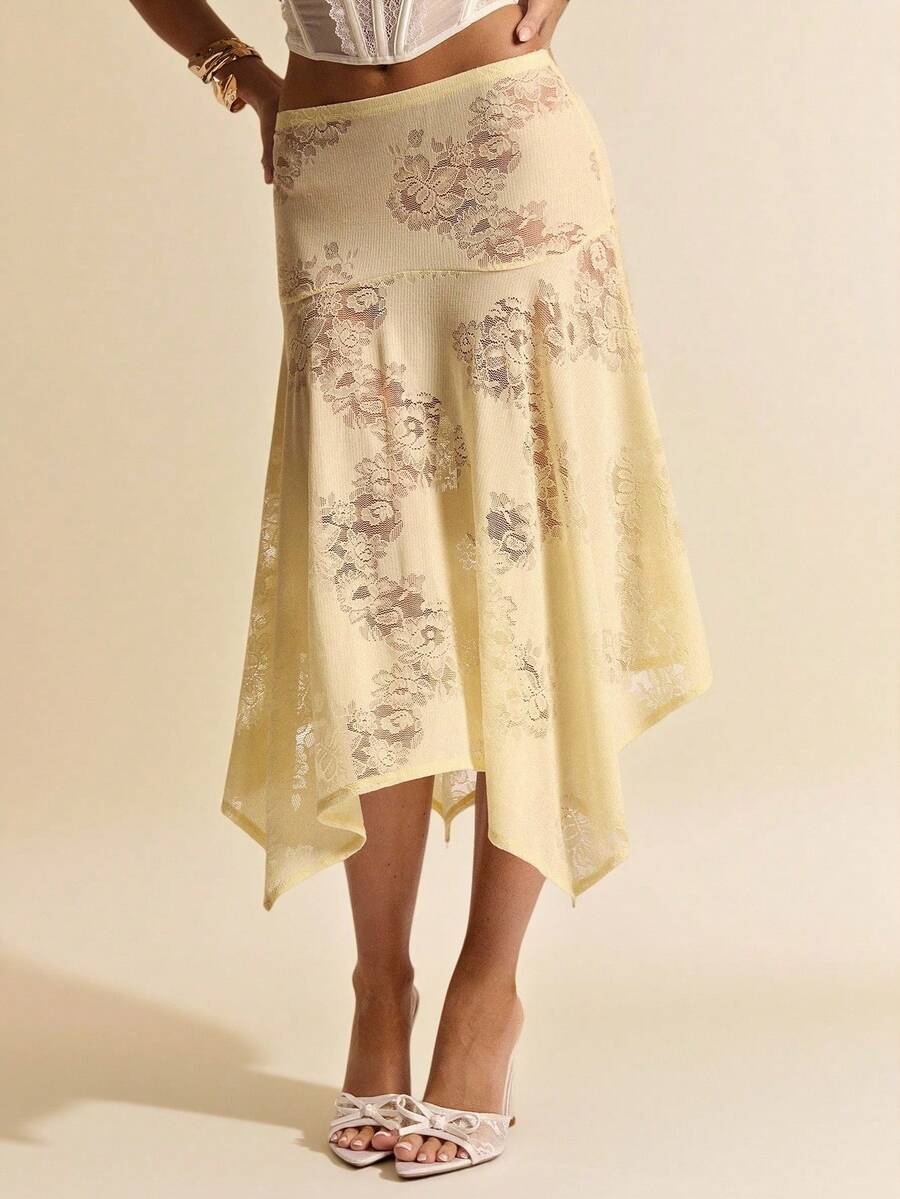 SHEIN BAE Apricot Asymmetric Hem Low Waist Lace Mermaid Skirt, Elegant Apricot Skirt Suitable For Parties, Cocktail Events, Birthday Dresses, Bridesmaid Dresses, Wedding Guest Attire, Spring/Summer - Apricot - View 1