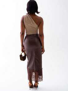 OverBlushhh Women's Elegant Faux Leather Crocodile Texture High-Waisted Straight Pencil Skirt With Lace Slit,Shades Of Brown,Autumn,Date,Work Office Long Skirt - Brown - View 2