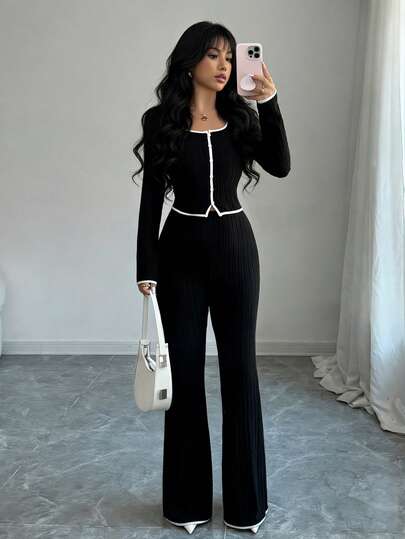Elenzga 两件套女士圆领长袖纽扣撞色上衣和罗纹裤套装，秋冬春季