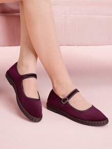 CUCCOO DOLLMOD Sepatu Flat Mary Jane Klasik Nyaman Berwarna Burgundy Velvet untuk Wanita, Sepatu Musim Semi yang Elegan & Modis - Burgundy / Coklat - View 4
