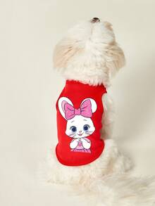 PETSIN 一件红色透气亲肤宠物背心，饰有蝴蝶结和淡粉色兔子图案 - 紅色 - 查看 6