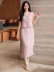 DAZY Women's Elegant Textured V-Neck Faux Pocket Camisole And Skirt 2-Piece Set, Summer - Pink - View 1