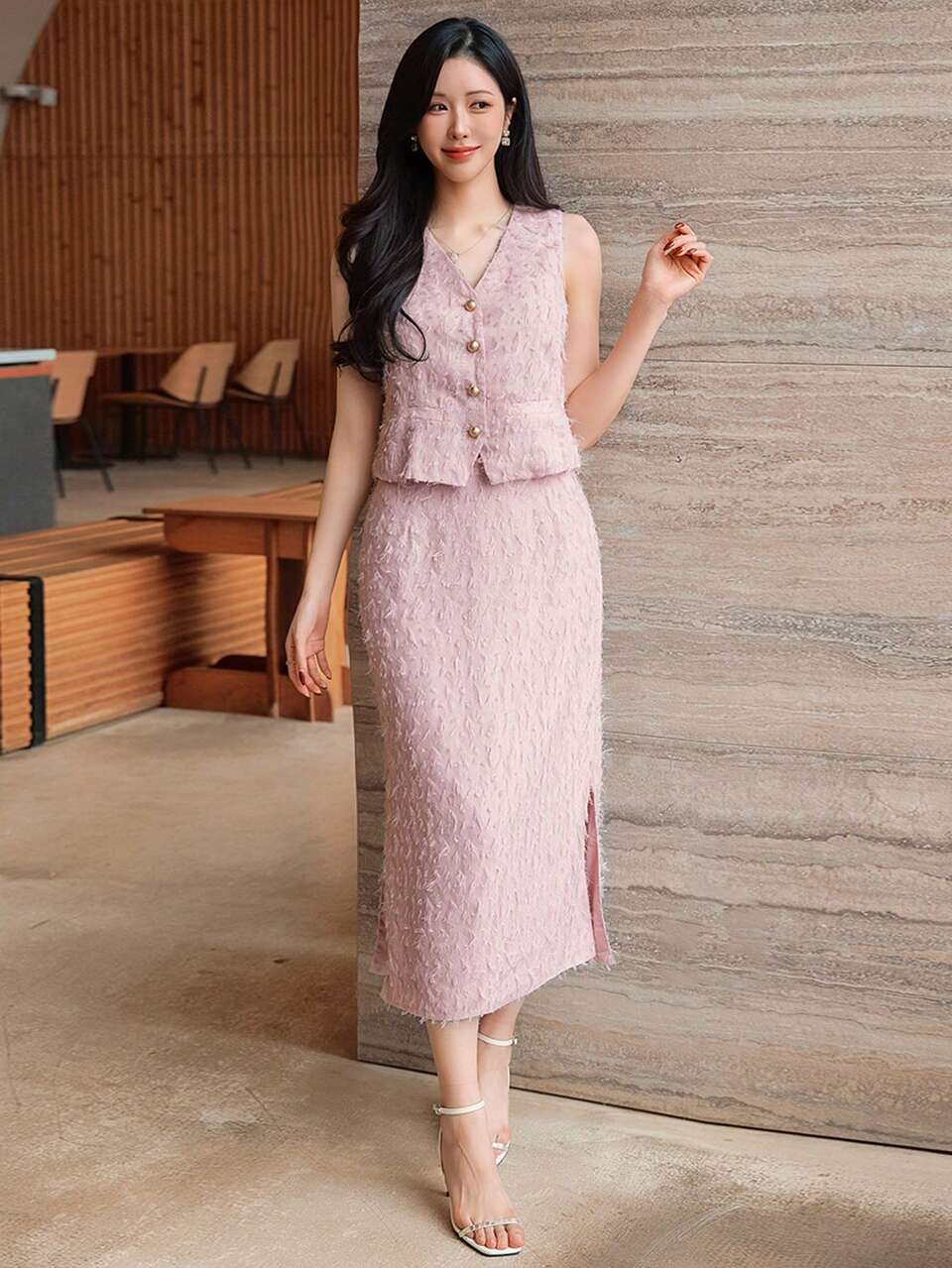 Women's Elegant Textured V-Neck Faux Pocket Camisole And Skirt 2-Piece Set, Summer,Wedding Guest Dress Women