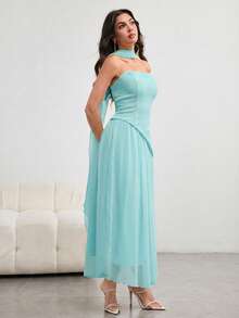 Vestido de mujer con volante asimétrico en el bajo y cuello halter, elegante y encantador, color amarillo claro, para primavera/verano - Azul Agua - Ver 6