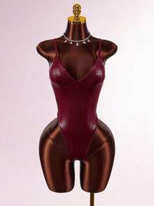 Amplova Women's Snake Skin Texture Glossy Coated Bustier Bodysuit, Sexy & Avant-Garde Alligator Skin Print Bodysuit Wine Red Bodysuit - Burgundy - View 8
