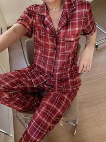 SHEIN Napfluff Cotton-Like Milk Silk Plaid Print Pattern Women Short Sleeve Pajama Set - Red - View 1