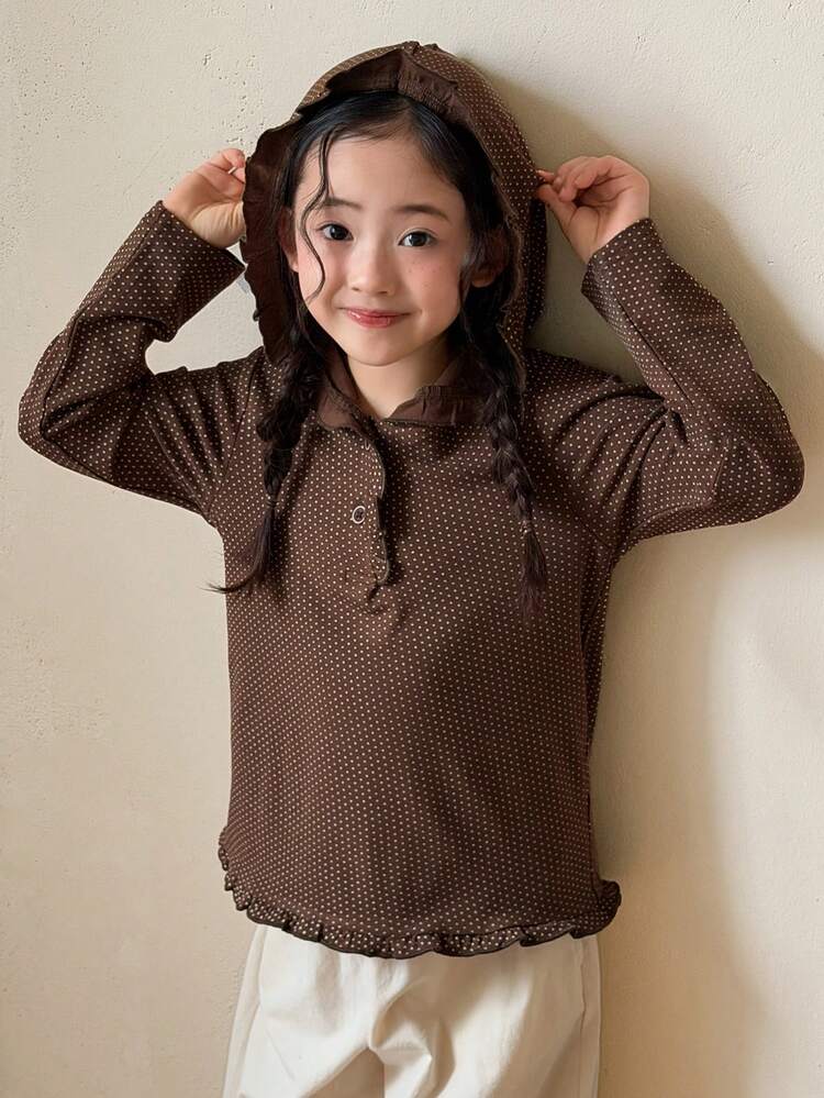 Young Girls Hooded Polka Dot Casual Long Sleeve T-Shirt