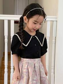 DAZY Young Girl' Cute Peter Pan Collar Short Sleeve Blouse, Summer Spring - Black - View 4