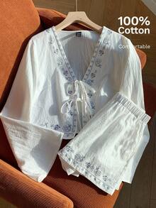 GalTyme Große Größen Set aus Grafik-Muster Tiefer V-Ausschnitt Twist Vorne Langarm Top und Shorts, 2-teilig - Weiss - Übersicht 2