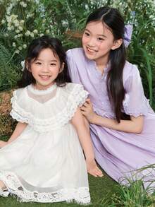 DAZY Girls (Small) Lace Korean Style Casual Round Neck Ruffle Trim Dress - White - View 9