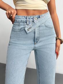SHEIN Cottnline Stretch Comfy High Waist 98% Cotton Slanted Waistband Denim Jean Jeans Wide Leg Y2k Jeans Jeans Summer Jeans Low Rise - Light Wash - View 4