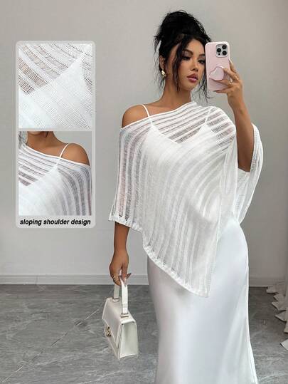 Elenzga Loose Fit Striped Hollow-Out Shoulder Exposing Knit Sweater, Fashionable & Sexy For Women