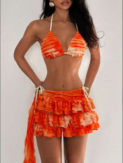 Swim Glamine بيكيني مكون من 3 قطع للنساء، قطعة علوية بطراز الربطة والكشكشة، قطعة سفلية بتصميم مثير ظهر عاري، مناسب للشاطئ والعطلات