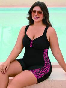 Swim SPRTY Costume da bagno intero taglie forti da donna, con stampa casuale a patchwork nero senza maniche, adatto per spiaggia, piscina, yacht, surf, sport acquatici - Multicolore - Visualizzare 5