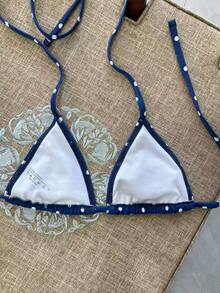 Swim Mod Navy Blue Polka Dot Pearl Shell Sexy Beach Bikini Top - Multicolor - View 5