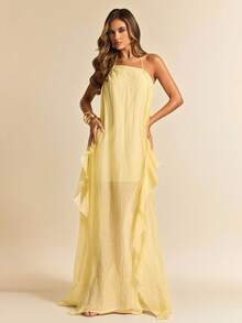 SHEIN BAE 黄色不对称肩部荷叶边下摆长款沙滩连衣裙，夏季度假连衣裙 - 黃色 - 查看 3