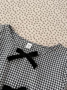 SHEIN Teen Girls Plaid Puff Sleeve Bow Tie Blouse, Fashionable & Versatile For Outings, Sister Photos, Park, Camping, Daily Wear, Party, Vacation - Black - View 3