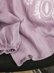 Lacomfia Áo kiểu nữ thanh lịch, dáng rộng, tối giản, thêu tinh tế, cổ tròn, tay dài. - Hồng - Xem 3