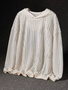Manfinity Dauomo Men's Casual Commuting Fashion Street Vacation Style Minimalist Solid Color Semi-Sheer Drop Shoulder Loose Open Knit Hoodie - Apricot - View 3