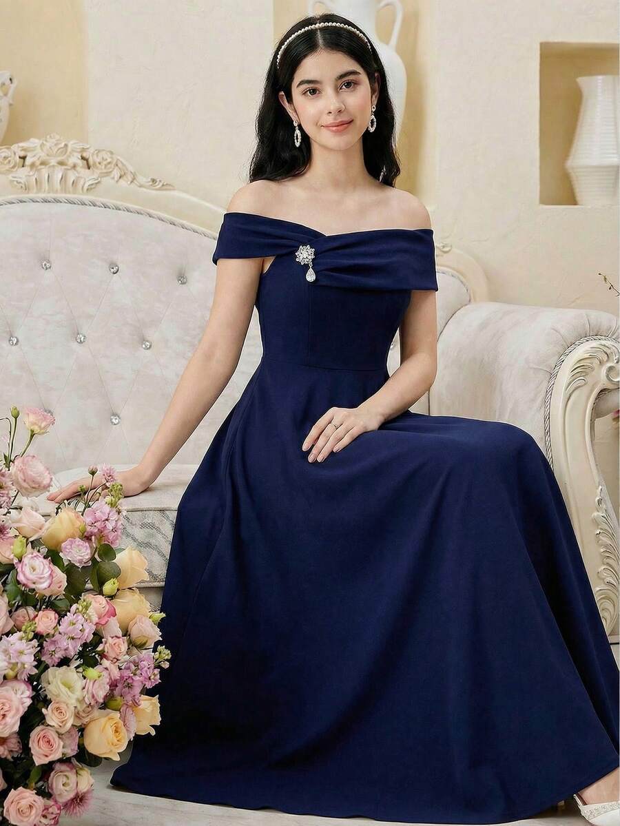 SHEIN 少女藏蓝色交叉领口收腰A字长款派对礼服/正式礼服 - 寶藍色 - 查看 1