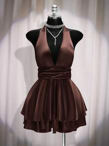 SHEIN ICON 大码女士缎面深V领吊带连衣裙，棕色 - 棕色 - 查看 4