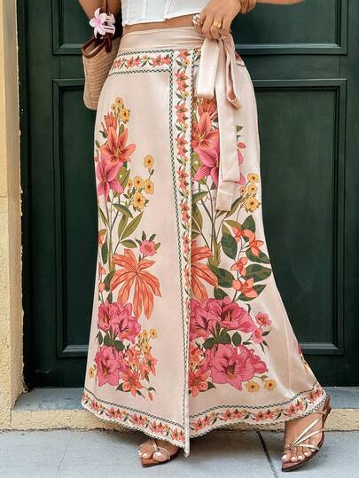 Ceyna 大码女装新款系带碎花A字裙，宽松优雅波西米亚风系带半身裙，春夏款