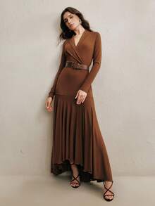 Anewsta Elegant Brown Knitted Long Dress With V Neck And Asymmetrical Hem - Brown - View 6