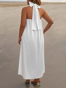 Elenzga White Halter Neck Sleeveless A Line Plus Size Dress For Women Knee Length Plain Casual Tie Back Flower Detail Wedding - White - View 2