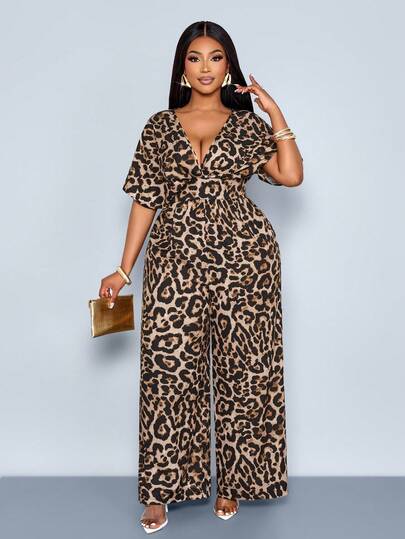 Maweii Women's Sexy & Elegant Leopard Print Batwing Sleeve Waist Cinched Wide Leg Jumpsuit