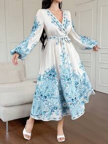 DAZY 女士优雅碎花V领泡泡袖系带中长连衣裙，春夏婚礼宾客礼服/吊带裙 - 藍色 - 查看 5